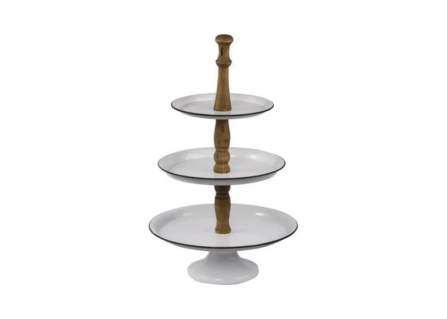 Mlyn 24 Inch 3 Tier Serving Tray, Round Metal Base, White Brown, and Black - Benzara