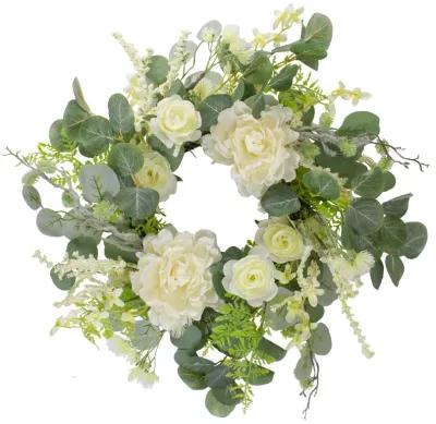 Peony  Rose and Mixed Foliage Artificial Spring Wreath  Unlit   20-Inch