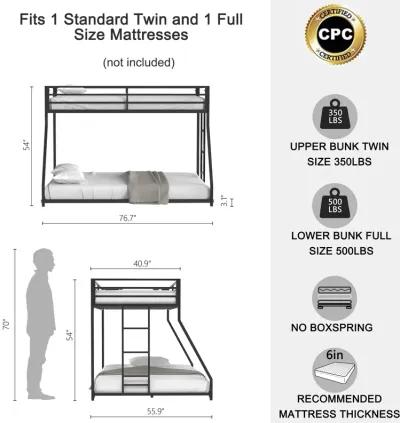 Adam Twin Over Full Metal Bunk Bed Frame, Sturdy Frame with Guardrails, Removable Ladder, No Box Spring Needed, Easy Assembly, Black