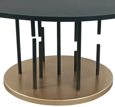 Neci 31 Inch Coffee Table, Round Matte Black Tray Top, Modern Rod Supports with Brass Base - Benzara