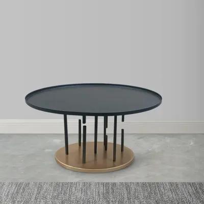 Neci 31 Inch Coffee Table, Round Matte Black Tray Top, Modern Rod Supports with Brass Base - Benzara