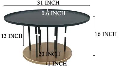 Neci 31 Inch Coffee Table, Round Matte Black Tray Top, Modern Rod Supports with Brass Base - Benzara