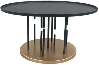 Neci 31 Inch Coffee Table, Round Matte Black Tray Top, Modern Rod Supports with Brass Base - Benzara