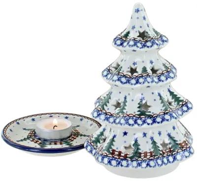 Blue Rose Polish Pottery Holiday Flower Medium Christmas Tree Luminary