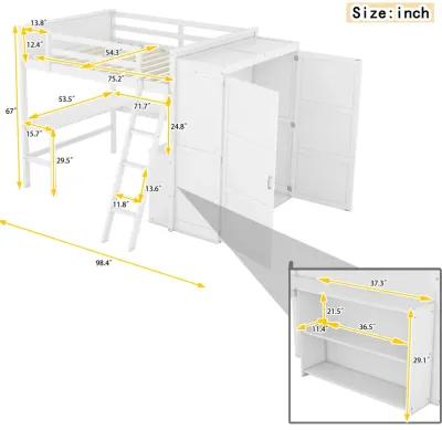 Full Size Loft Bed With Desk, Shelves And Wardrobe White