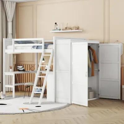 Full Size Loft Bed With Desk, Shelves And Wardrobe White