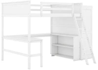 Full Size Loft Bed With Desk, Shelves And Wardrobe White