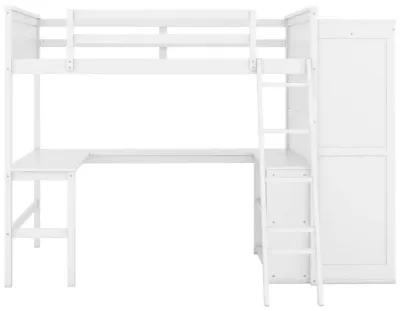 Full Size Loft Bed With Desk, Shelves And Wardrobe White