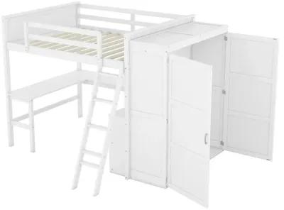 Full Size Loft Bed With Desk, Shelves And Wardrobe White