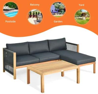 3 Pieces Patio Acacia Wood Sofa Furniture Set with Nylon Rope Armrest