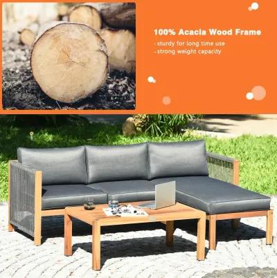 3 Pieces Patio Acacia Wood Sofa Furniture Set with Nylon Rope Armrest