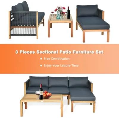 3 Pieces Patio Acacia Wood Sofa Furniture Set with Nylon Rope Armrest