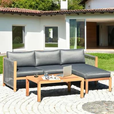 3 Pieces Patio Acacia Wood Sofa Furniture Set with Nylon Rope Armrest