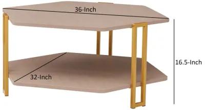 36 Inch Hexagonal Modern Coffee Table, Wood Top and Shelf, Gold Metal Legs-Benzara