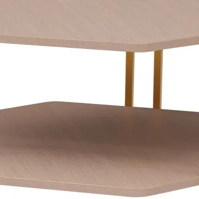 36 Inch Hexagonal Modern Coffee Table, Wood Top and Shelf, Gold Metal Legs-Benzara