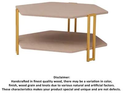 36 Inch Hexagonal Modern Coffee Table, Wood Top and Shelf, Gold Metal Legs-Benzara