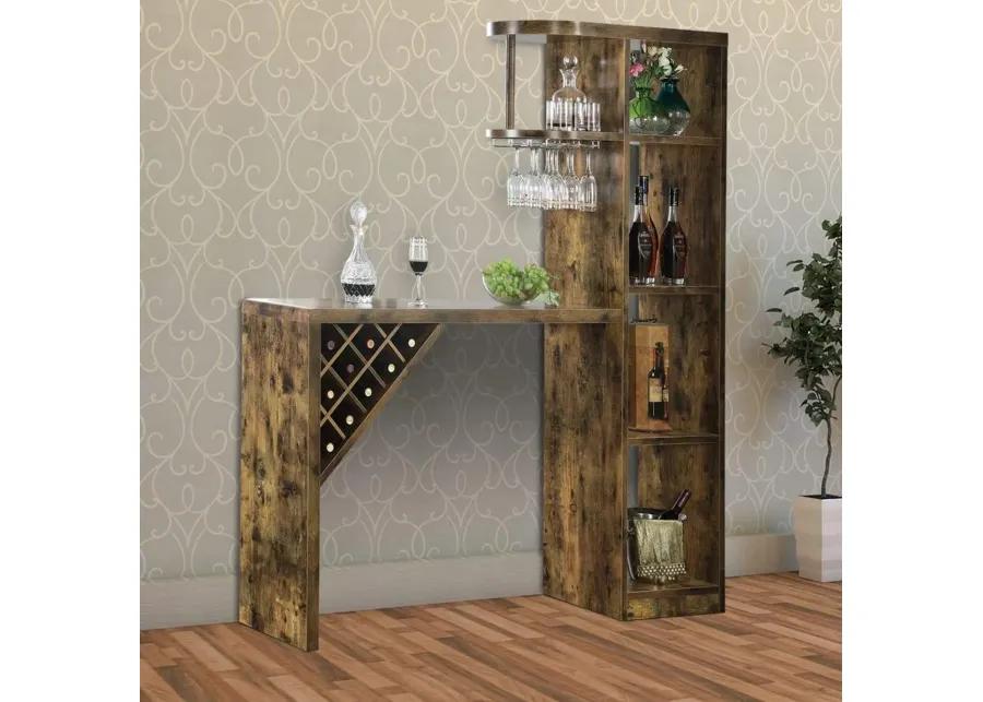 Wooden Bar Unit With Open Compartments and Diagonal Wine Section, Brown-Benzara