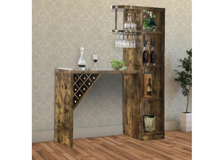 Wooden Bar Unit With Open Compartments and Diagonal Wine Section, Brown-Benzara