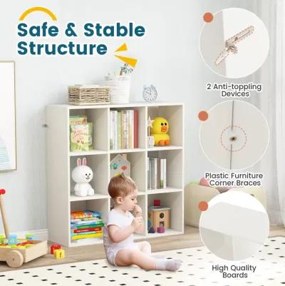 Wooden Kids Bookcase with Storage Cubbies and Anti-toppling Devices-White