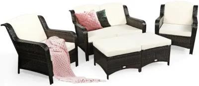 5 Pieces Patio Rattan Sofa Set with Cushion and Ottoman