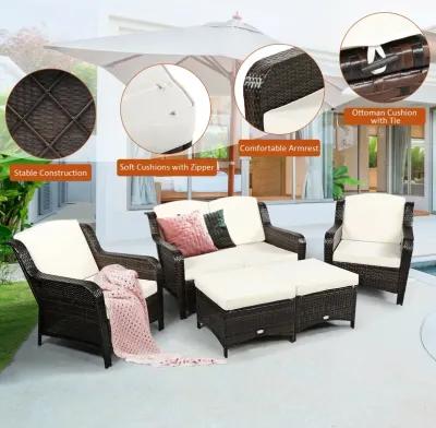 5 Pieces Patio Rattan Sofa Set with Cushion and Ottoman