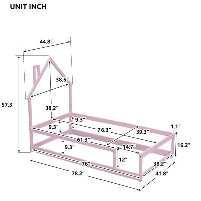 Twin Size Wood Bed With Houseshaped Headboard Floor Bed With Fences, Pink