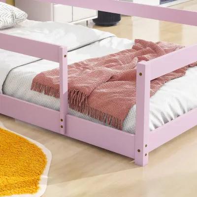 Twin Size Wood Bed With Houseshaped Headboard Floor Bed With Fences, Pink