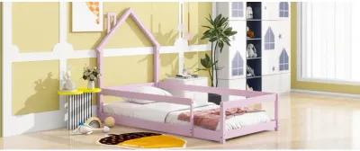 Twin Size Wood Bed With Houseshaped Headboard Floor Bed With Fences, Pink