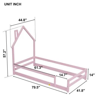 Twin Size Wood Bed With Houseshaped Headboard Floor Bed With Fences, Pink