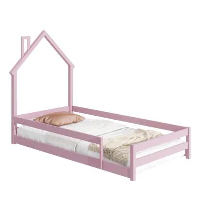 Twin Size Wood Bed With Houseshaped Headboard Floor Bed With Fences, Pink