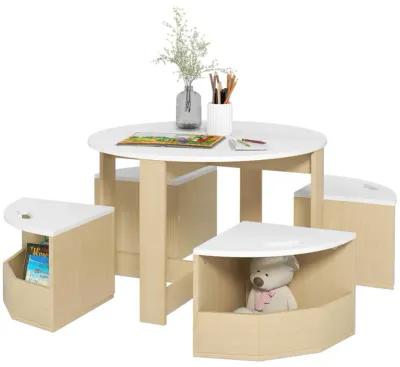 Qaba Kids Table and Chairs Set, 5 Piece Toddler Table and Chairs Set with Storage for Art, Craft, Drawing, Playroom, Classroom, Nursery, White