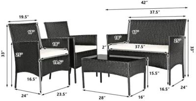 Hivvago 4 Pieces Patio Rattan Cushioned Sofa Set with Tempered Glass Coffee Table