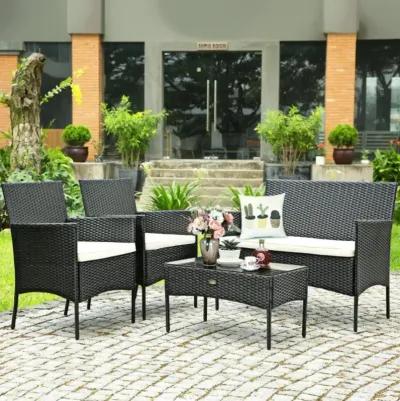 Hivvago 4 Pieces Patio Rattan Cushioned Sofa Set with Tempered Glass Coffee Table