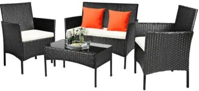 Hivvago 4 Pieces Patio Rattan Cushioned Sofa Set with Tempered Glass Coffee Table