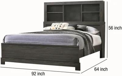 Wooden Queen Size Low Profile Size Bed with Bookcase Headboard