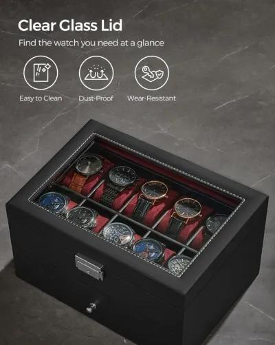 20-Slot Watch Storage Box with Glass Display Lid and Secure Lock