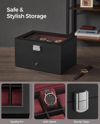 20-Slot Watch Storage Box with Glass Display Lid and Secure Lock