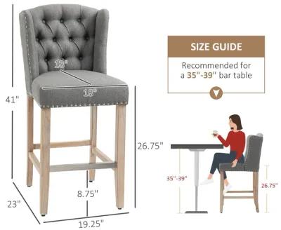 Counter Height Bar Stools Set of 2, Upholstered 26.75" Seat Height Barstools, Breakfast Chairs with Nailhead-Trim, Tufted Back and Wood Legs