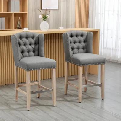 Counter Height Bar Stools Set of 2, Upholstered 26.75" Seat Height Barstools, Breakfast Chairs with Nailhead-Trim, Tufted Back and Wood Legs