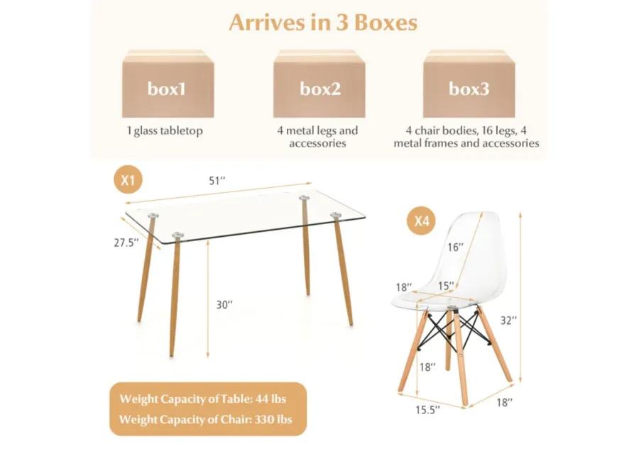 5 Pieces Rectangle Dining Table Set with 51 Inch Glass Tabletop