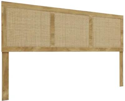 LuxenHome Oak Finish Manufactured Wood with Natural Rattan Panels Headboard, King