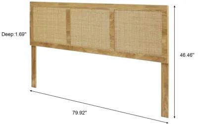 LuxenHome Oak Finish Manufactured Wood with Natural Rattan Panels Headboard, King