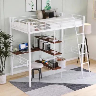 Twin Size Metal Loft Bed and Built-in Desk and Shelves