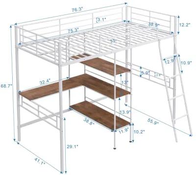 Twin Size Metal Loft Bed and Built-in Desk and Shelves