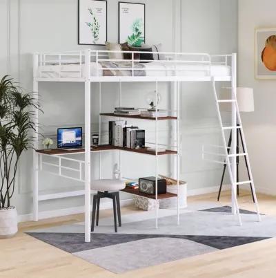 Twin Size Metal Loft Bed and Built-in Desk and Shelves