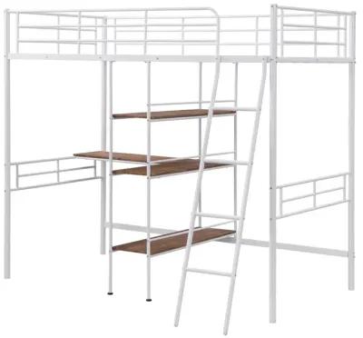 Twin Size Metal Loft Bed and Built-in Desk and Shelves