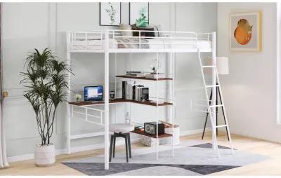 Twin Size Metal Loft Bed and Built-in Desk and Shelves