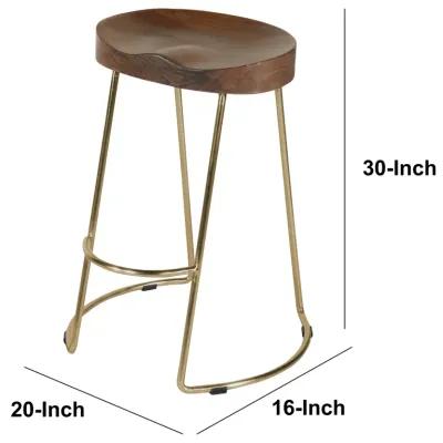 Ela 30 Inch Mango Wood Bar Stool, Saddle Seat, Iron, Set of 2, Walnut Brown, Gold-Benzara