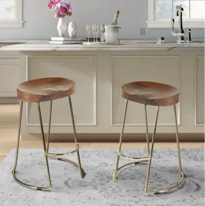 Ela 30 Inch Mango Wood Bar Stool, Saddle Seat, Iron, Set of 2, Walnut Brown, Gold-Benzara