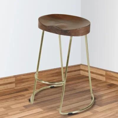 Ela 30 Inch Mango Wood Bar Stool, Saddle Seat, Iron, Set of 2, Walnut Brown, Gold-Benzara